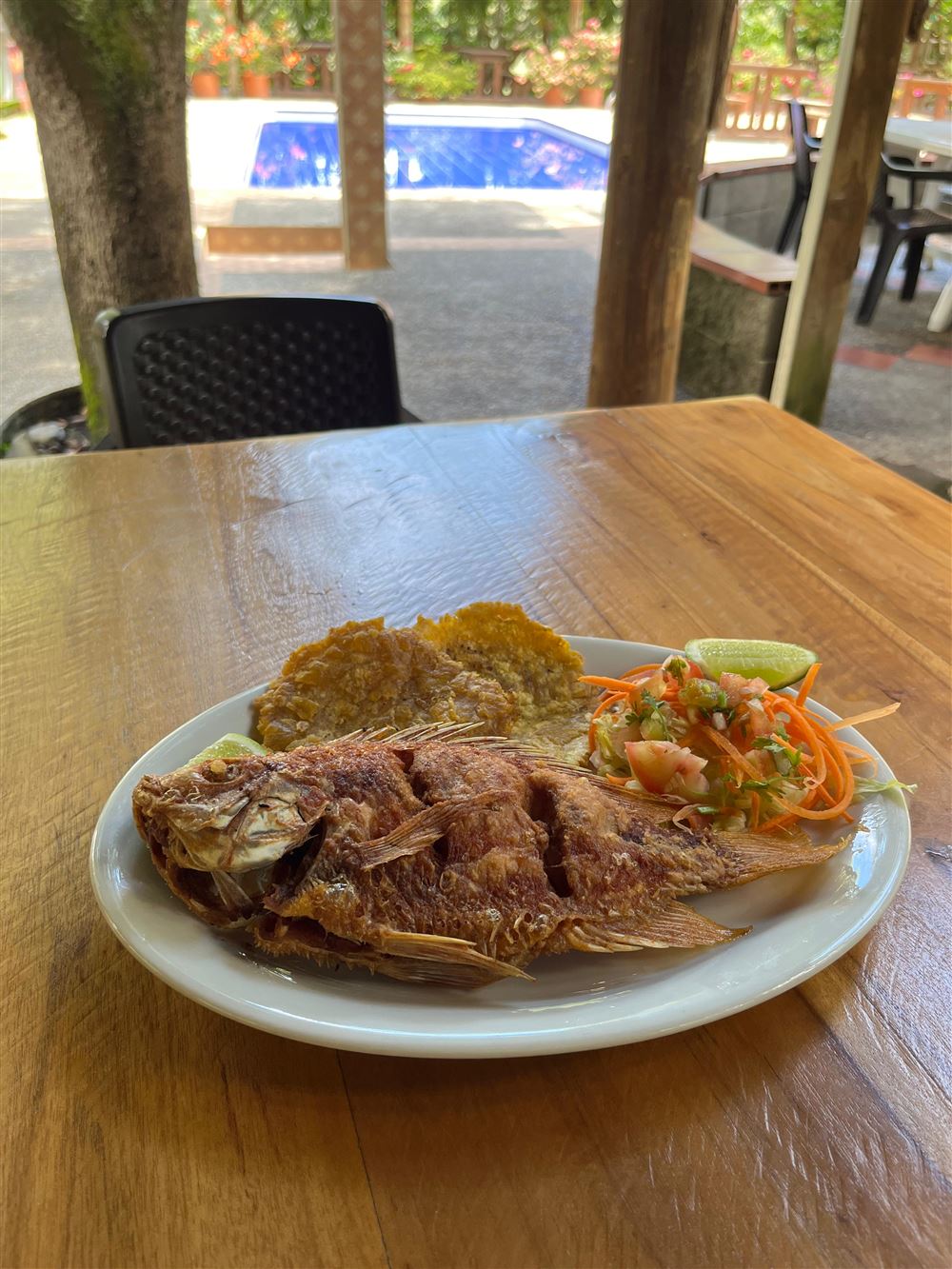 Pescado frito entero con patacones, ensalada y limón